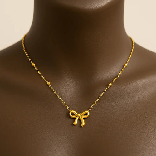 18kt Gold Plated Bead Chain Bow Charm Necklace - Manoune JEWELRY Belly_Jewelry Earrings - Navel_Ring - Necklace - Stud - Manoune_Jewelry - Belly_Ring - Navel_Jewelry Titanium Gold_Plated