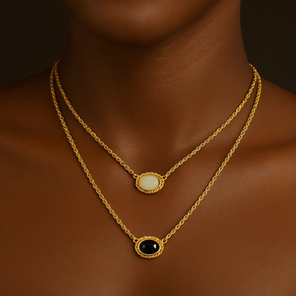 18kt Gold Plated Cats Eye Stone Gold Plated Layered Opal Necklace - Manoune JEWELRY Belly_Jewelry Earrings - Navel_Ring - Necklace - Stud - Manoune_Jewelry - Belly_Ring - Navel_Jewelry Titanium Gold_Plated