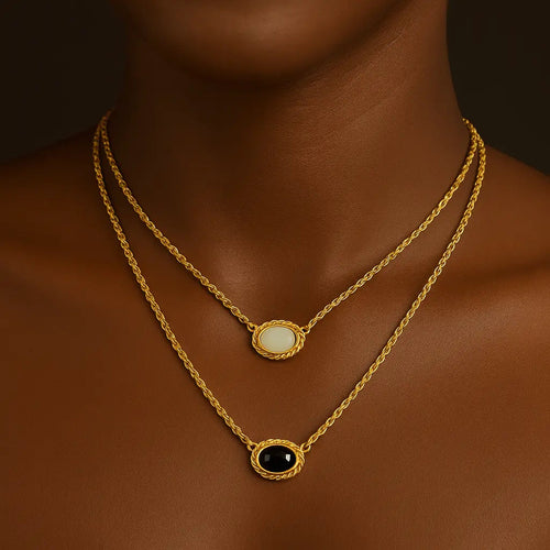 18kt Gold Plated Cats Eye Stone Gold Plated Layered Opal Necklace - Manoune JEWELRY Belly_Jewelry Earrings - Navel_Ring - Necklace - Stud - Manoune_Jewelry - Belly_Ring - Navel_Jewelry Titanium Gold_Plated