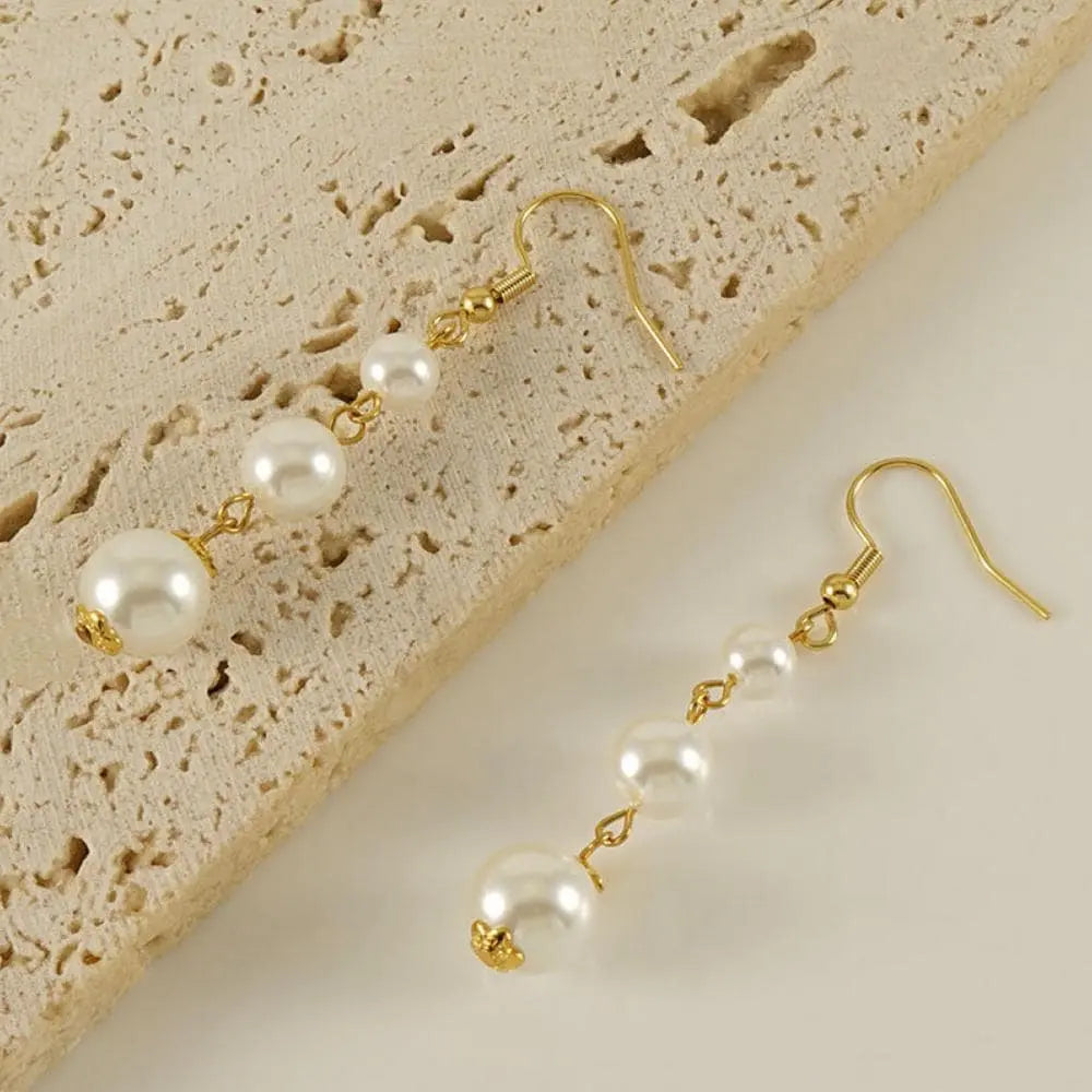 18k Gold Plated Agate Stone Long Pearl Drop Dangle Earrings - Elegant Handmade Jewelry - Manoune JEWELRY Belly_Jewelry Earrings - Navel_Ring - Necklace - Stud - Manoune_Jewelry - Belly_Ring - Navel_Jewelry Titanium Gold_Plated