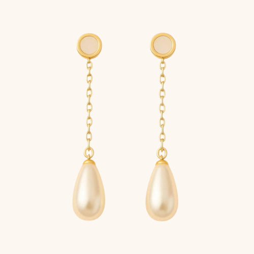 18k Gold Plated Agate Stone Long Pearl Drop Dangle Earrings - Elegant Handmade Jewelry - Manoune JEWELRY Belly_Jewelry Earrings - Navel_Ring - Necklace - Stud - Manoune_Jewelry - Belly_Ring - Navel_Jewelry Titanium Gold_Plated
