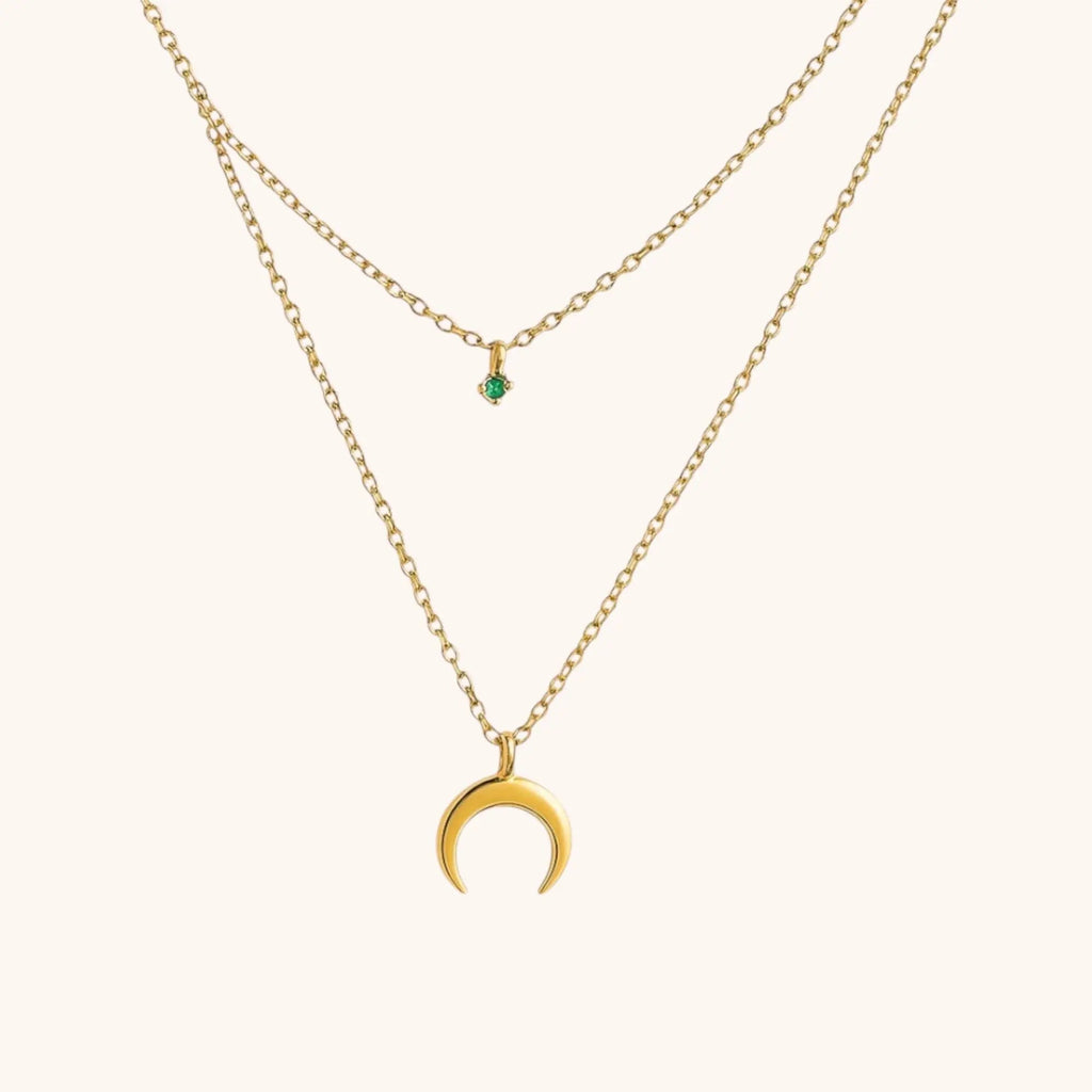 18k Gold Plated Moon Necklace with Green CZ Charm | Layered Double Chain, Hypoallergenic, Celestial Jewelry, Everyday Gift, Waterproof - Manoune JEWELRY Belly_Jewelry Earrings - Navel_Ring - Necklace - Stud - Manoune_Jewelry - Belly_Ring - Navel_Jewelry Titanium Gold_Plated