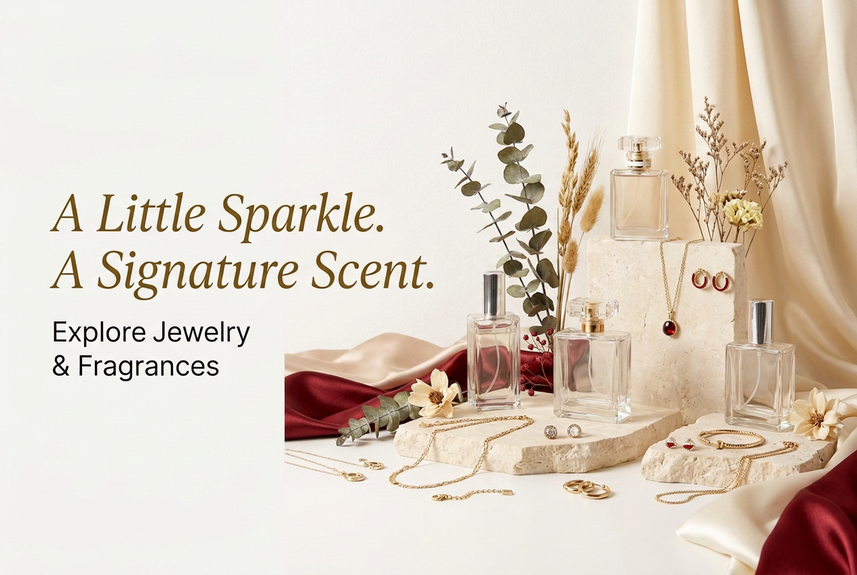 Jewelry and fragrance banner with red accents and no store name