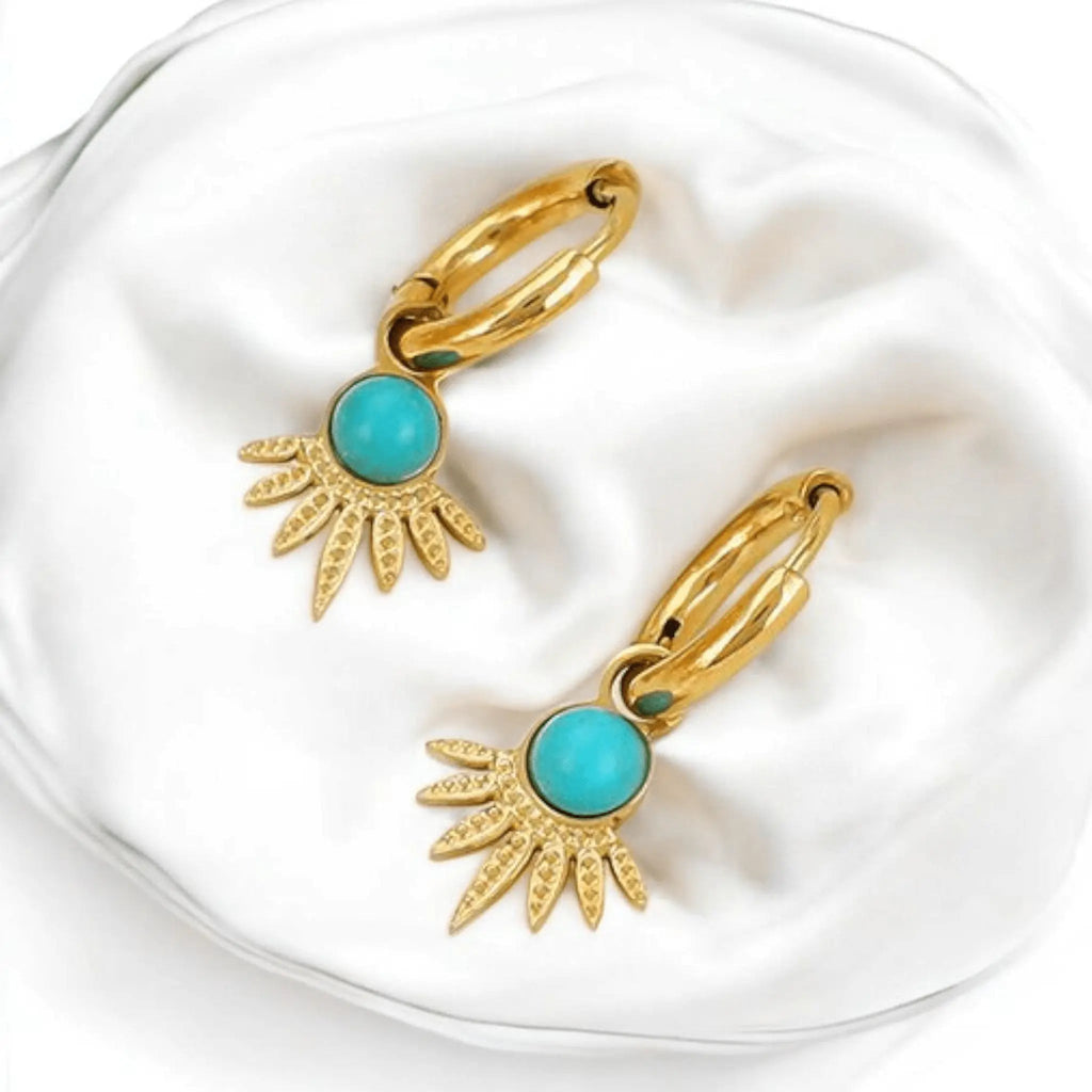 18kt Gold Plated Dangle Turquoise flower Stone Earrings - Manoune JEWELRY Belly_Jewelry Earrings - Navel_Ring - Necklace - Stud - Manoune_Jewelry - Belly_Ring - Navel_Jewelry Titanium Gold_Plated