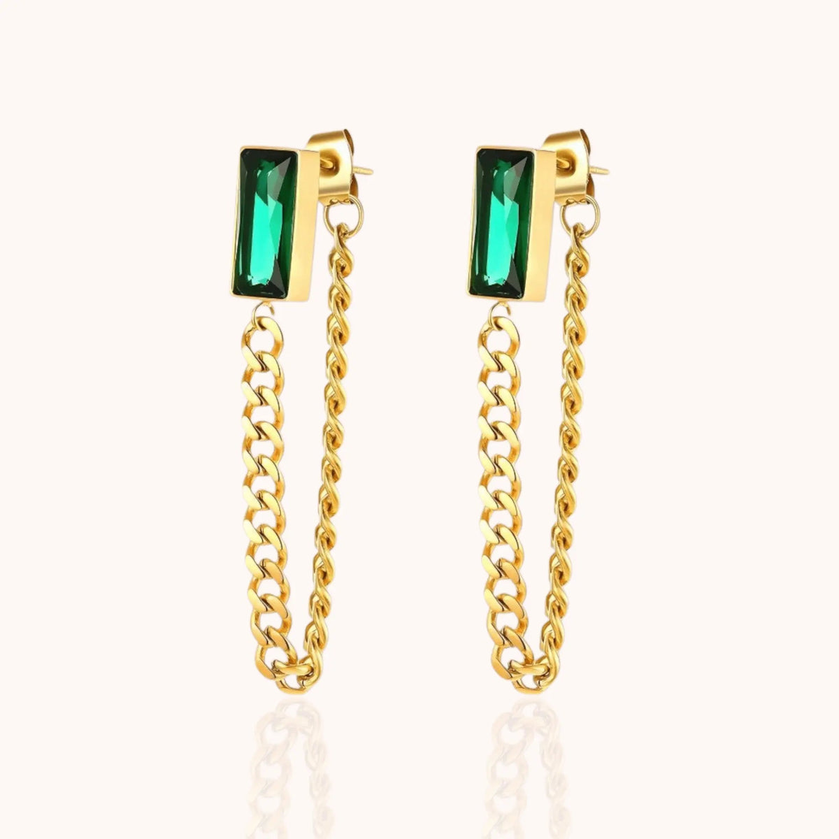 Pair Emerald Chain Drop Earrings - Manoune JEWELRY Belly_Jewelry Earrings - Navel_Ring - Necklace - Stud - Manoune_Jewelry - Belly_Ring - Navel_Jewelry Titanium Gold_Plated