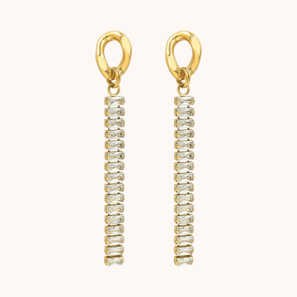 18k Gold Plated CZ Tennis Chain Cubic Zirconium Link Drop Dangle Earrings - Manoune JEWELRY Belly_Jewelry Earrings - Navel_Ring - Necklace - Stud - Manoune_Jewelry - Belly_Ring - Navel_Jewelry Titanium Gold_Plated