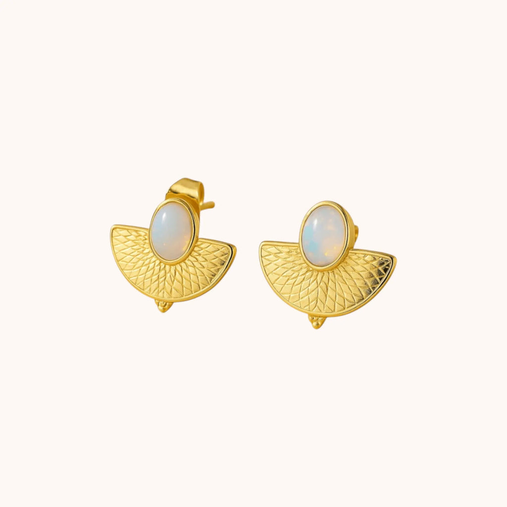 18kt Gold Plated Oval Fanshaped Albumin Stone Stud Earrings - Manoune JEWELRY Belly_Jewelry Earrings - Navel_Ring - Necklace - Stud - Manoune_Jewelry - Belly_Ring - Navel_Jewelry Titanium Gold_Plated