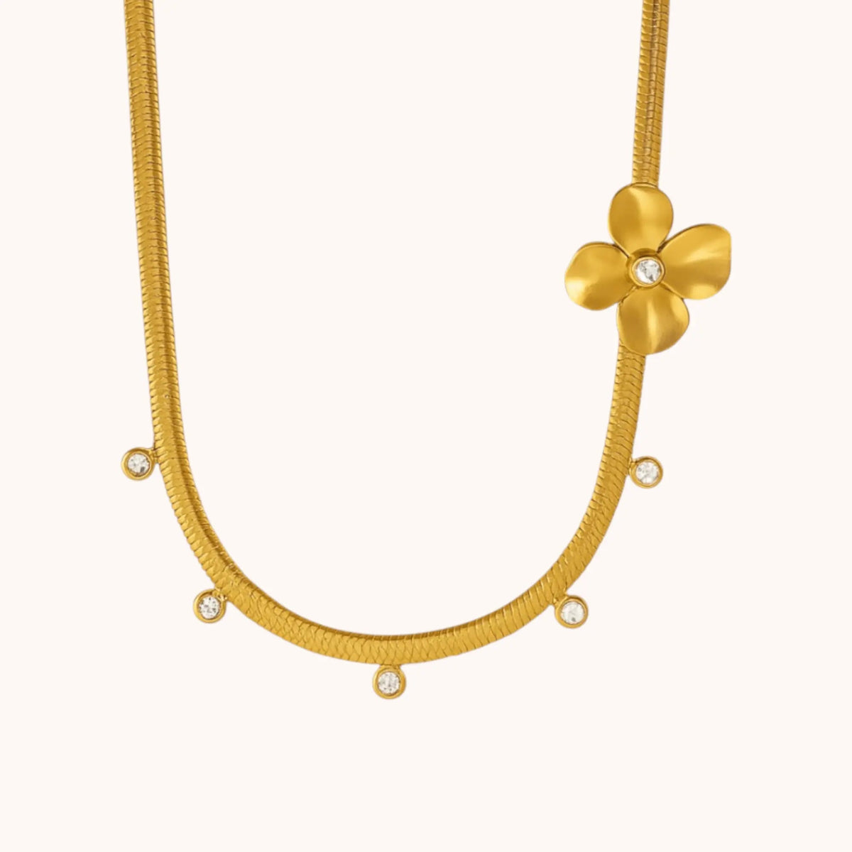 18kt Gold Plated Snake Chain Flower Cubic Zirconia Necklace - Manoune JEWELRY Belly_Jewelry Earrings - Navel_Ring - Necklace - Stud - Manoune_Jewelry - Belly_Ring - Navel_Jewelry Titanium Gold_Plated